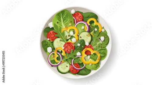 Topdown view of a vibrant salad with greens tomatoes cucumbers peppers and cheese