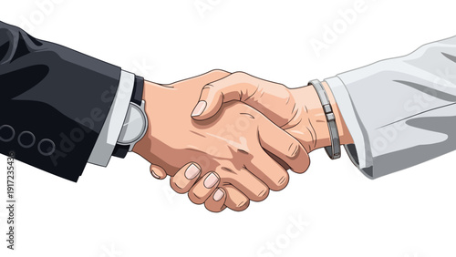Two hands one in a black suit the other in white grasp firmly in a handshake