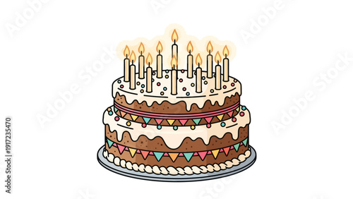 Twotiered chocolate birthday cake with lit candles and decorations