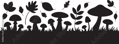 Black and white silhouette of mushrooms and leaves on grass