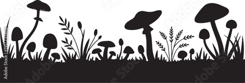 Black and white silhouette of mushrooms and plants in a forest