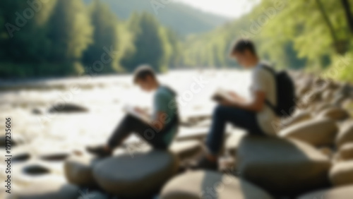 Wallpaper Mural Blurred background of University student studying renewable energy notes beside a flowing river, sitting on smooth sunlit stones, forested riverbank background, late morning, bright sunlight. Torontodigital.ca