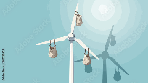 White wind turbine with cloth bags hanging from its blades against a bright blue sky