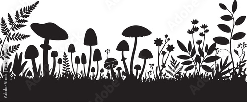 Black and white silhouette of mushrooms and plants in a forest