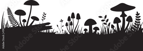 Black and white silhouette of mushrooms and plants in a forest