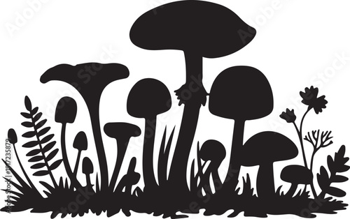 Black and white silhouette of mushrooms and plants