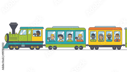 Colorful cartoon train with diverse passengers on a white background in a flat illustration style conveying a cheerful mood.