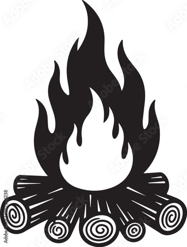 Black and white campfire illustration with burning logs