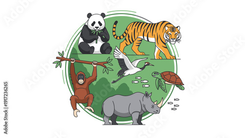 Flat illustration of various endangered animals including panda, tiger, rhino, and monkey on a green globe with white background.