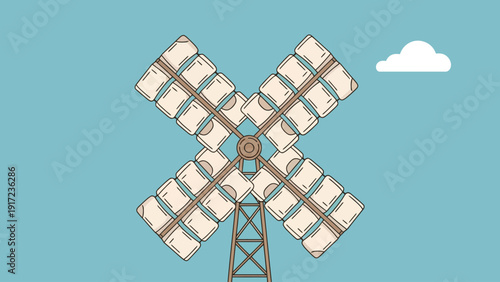 Stylized windmill with white cloth sails against a blue sky with one cloud
