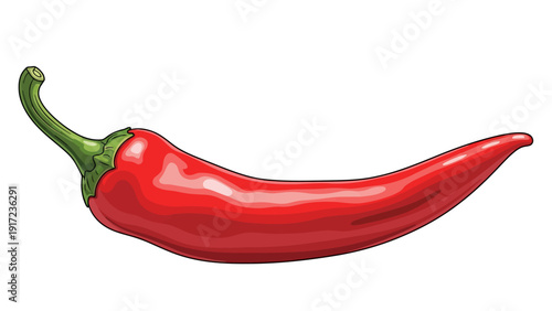 Stylized illustration of a bright red curved chili pepper with a green stem on a white background