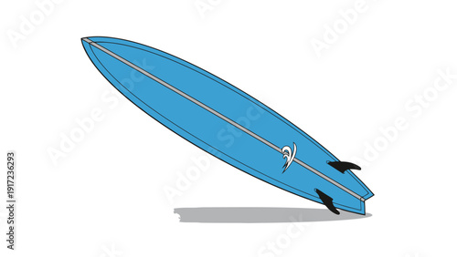 Stylized illustration of a blue surfboard with fins viewed from an angle