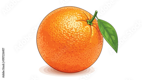 Stylized textured orange fruit with a green leaf and stem on white background