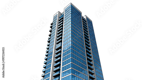 Stylized upwardview illustration of a modern glass skyscraper with balconies
