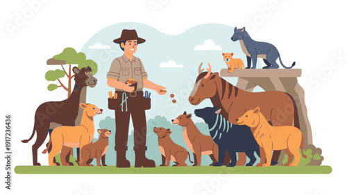 Illustration of a zookeeper feeding various animals including a zebra, dogs, and a cat on a rock in a stylized outdoor setting with a blue sky.