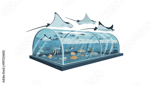 Illustration of a transparent dome-shaped aquarium with various fish and stingrays on a black base against a white background.