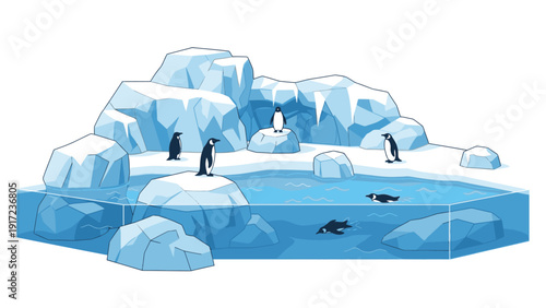 Illustration of penguins and seals on a blue icy landscape with snow and icebergs on a white background.