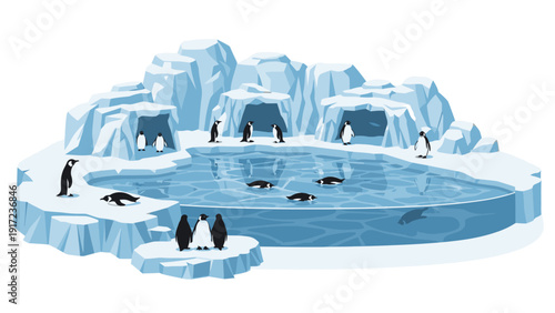 Illustration of penguins standing on icebergs and swimming in icy blue water against a white background with a cold and serene mood.