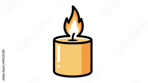Stylized drawing of a lit short orange pillar candle on a white background