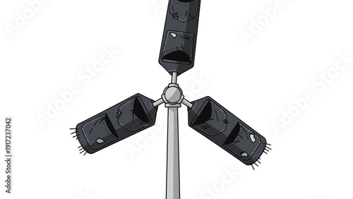 Stylized dark threebladed mechanism resembling a wind turbine