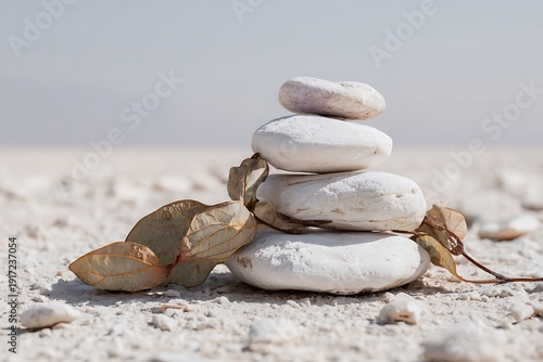 Serene stacked white stones with dry leaves on sandy beach