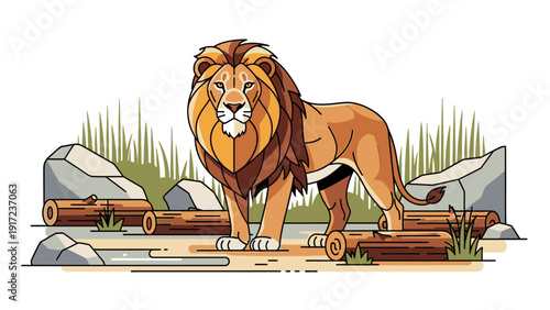 Digital illustration of a lion standing on a dirt path with logs and rocks, looking forward with a grassy background.