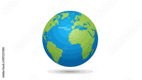 Stylized globe illustration centered on the Atlantic Ocean with floating shadow