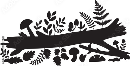 Black silhouette of forest floor with mushrooms and leaves