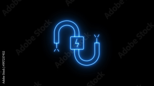 Foto glowing blue neon electric power cord symbol with lightning bolt icon on a dark