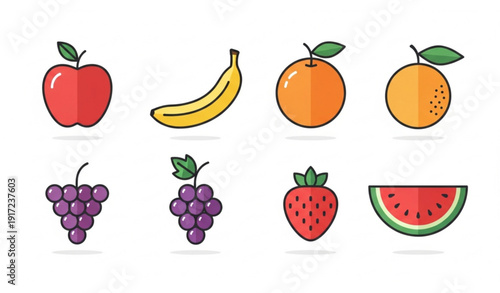 A colorful vector graphic illustration of various fresh fruits