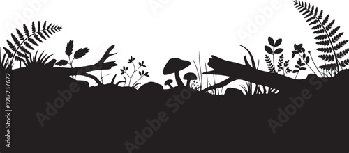 Black silhouette of forest plants and mushrooms on white background