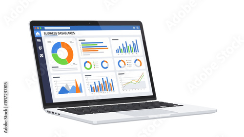 Laptop displaying a colorful business dashboard with various charts and graphs