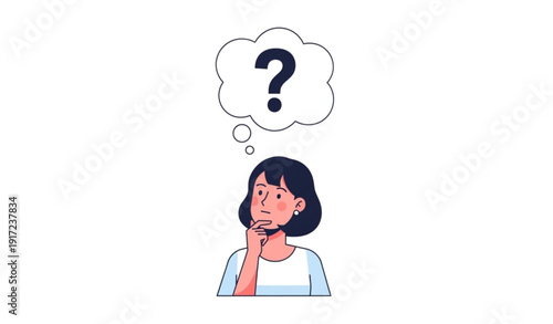 A cartoon woman with a question mark in her thought bubble