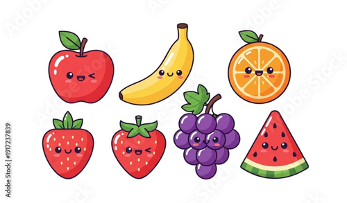 A colorful vector illustration of smiling fruits on a white background