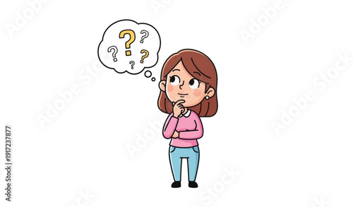 A cartoon woman with a thought bubble full of question marks