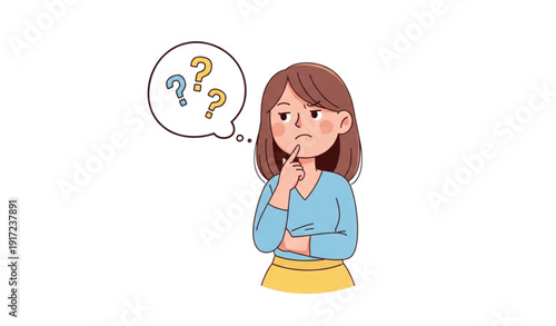 A cartoon woman with a puzzled expression and thought bubble full of question marks