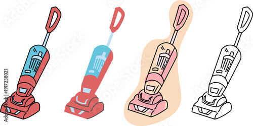 A vacuum cleaner isolated graphic in several styles line art, cel shaded and pastel.