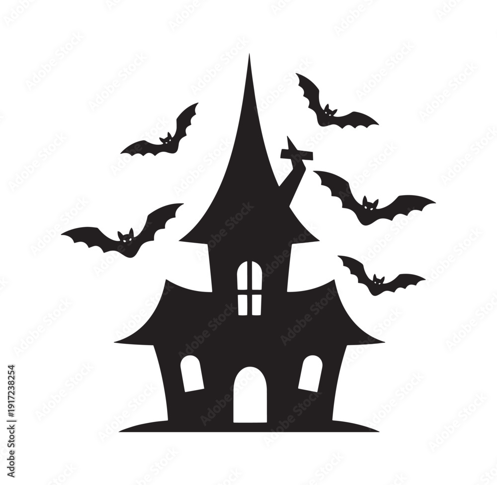 Fototapeta premium black silhouette of a haunted house with flying bats on white background