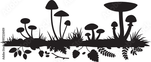 Black silhouette of mushrooms and plants on a log