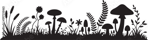 Black silhouette of mushrooms and plants on white background