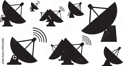 Black satellite dishes on white background in various positions