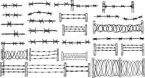 Collection of Hand-Drawn Barbed Wire Elements