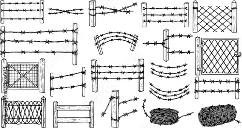 Hand-drawn Barbed Wire Fence Elements and Rolls Set, Including Wooden Posts, Security Gates, and Various Barricade Styles