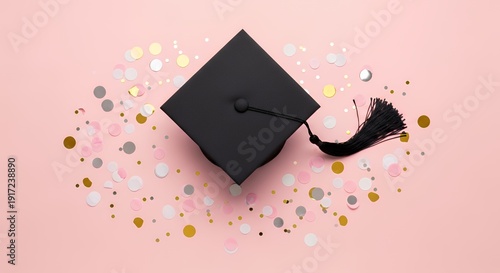Flat lay of graduation cap and confetti soft pink background clean modern celebration concept