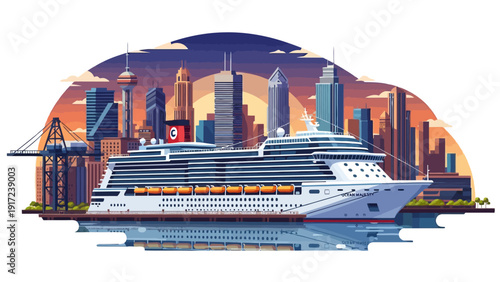 Pixel art cruise ship docked near a vibrant sunset city skyline with port cranes
