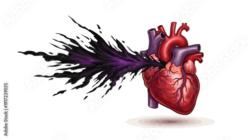 Pixel art human heart ejecting dark purple and black shadowy energy