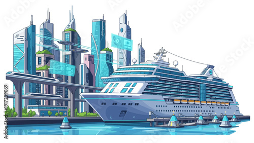 Pixel art futuristic port with a large cruise ship and elevated train