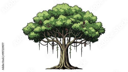 Pixel art of a large tropical tree with lush green foliage and hanging vines