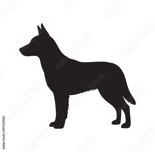Black silhouette of a standing dog with pointed ears and fur texture  profile view