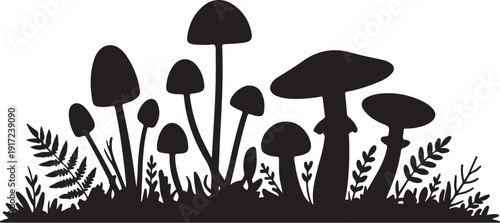 Black silhouettes of mushrooms and ferns on white background